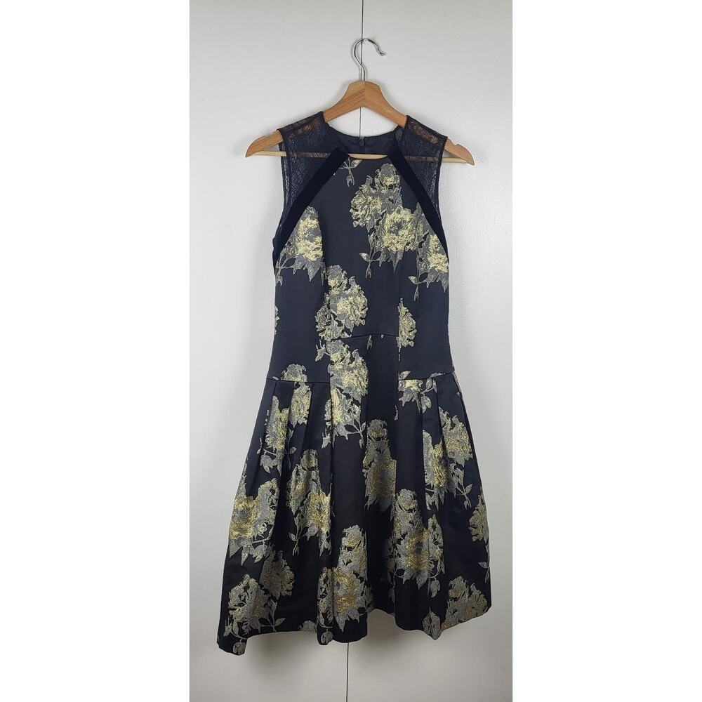 Silk Trim Metallic Floral Midi Fit and Flare Pleated Carmen Marc Valvo Dress | 4 - Picture 2 of 9